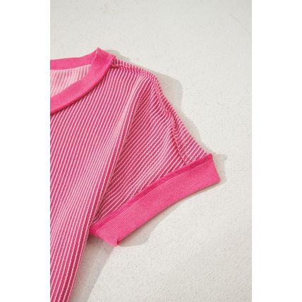 Rose Red Twisted Ribbed Knit V Neck Casual Tee