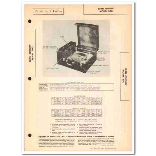 20th century model 300 ac-dc phonograph 3 tubes sams photofact manual