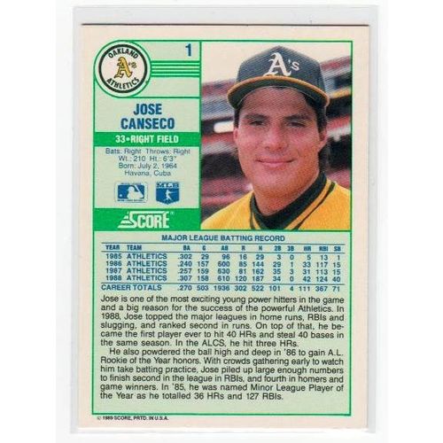 1989 Score Jose Canseco baseball card #1 – Athletics