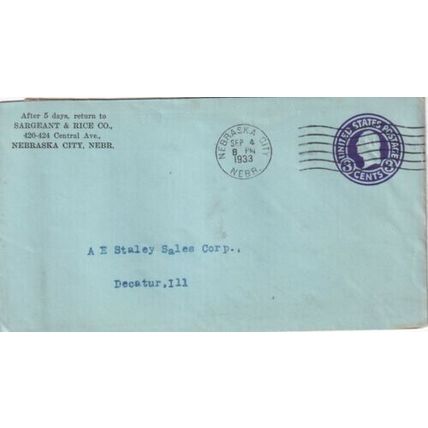 United States 1933 Sargeant & Rice Co.Nebraska City NEBR-Decatur ILL Cover typed