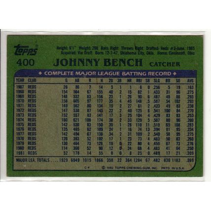 1982 Topps Johnny Bench baseball card #400- HOF-Reds