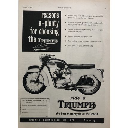 TRIUMPH 650 THUNDERBIRD 1961 VINTAGE MOTORCYCLE ADVERT