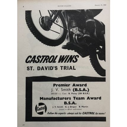 CASTROL WINS ST. DAVID’S TRIAL JV SMITH BSA 1961 VINTAGE MOTORCYCLE OIL ADVERT