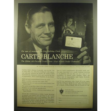 1959 Hilton Carte Blanche Credit Card Ad - Holiday Clark