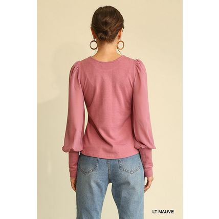 Solid Knit And Chiffon Mixed Top With Puff Long Sleeve