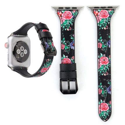 Letter T Shape Simple Floral Genuine Leather Wrist Watch Band with Stainless Ste