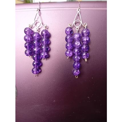 Silver Chandelier Purple Glass Bead Drop Earrings