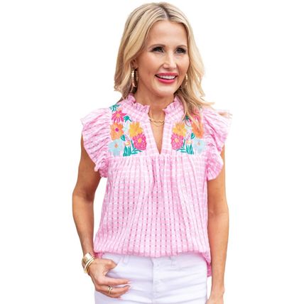 Pink Floral Embroidered Check Ruffle Flutter Sleeves Blouse