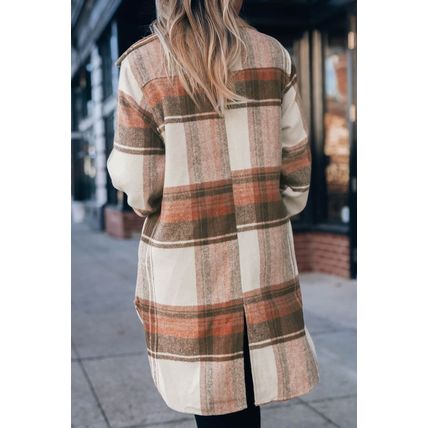 Brown Plaid Print Flap Pockets Long Shacket