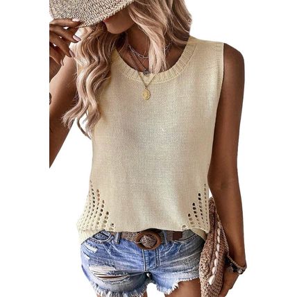 Beige Pointelle Detail Solid Color Knit Sweater Vest