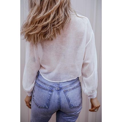 White Solid Knotted Front Loose Fit Sheer Shirt