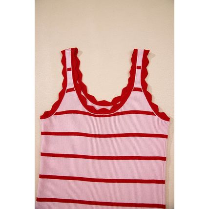 Rose Stripe Striped Scalloped Edge U Neck Sleeveless Sweater Vest
