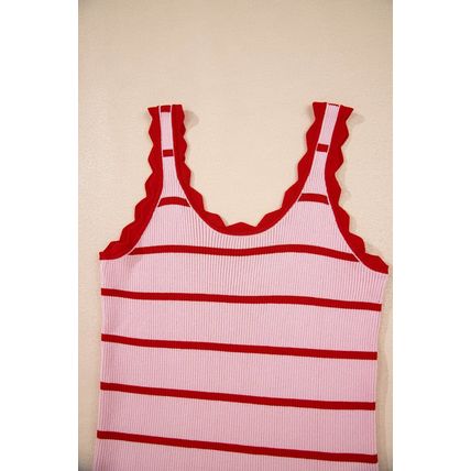 Rose Stripe Striped Scalloped Edge U Neck Sleeveless Sweater Vest