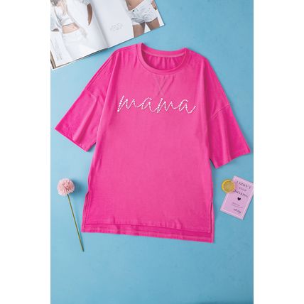 Rose Red Rhinestoned MAMA Graphic Drop Shoulder Half Sleeve Tee