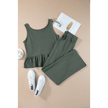 Duffel Green Solid Color Ribbed Ruffle Tank Top and Pants Set