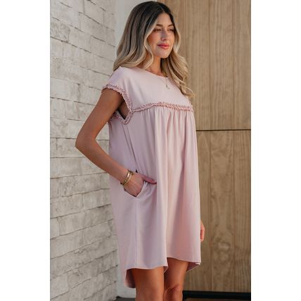 Oatmeal Frilled Trim Crew Neck Loose Fit Mini Dress