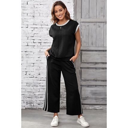 Black Cable Knit Contrast Trim Short Sleeve Top and Pants Set