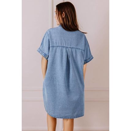 Dusk Blue Short Sleeve Pocketed Button up Denim Tunic Dress