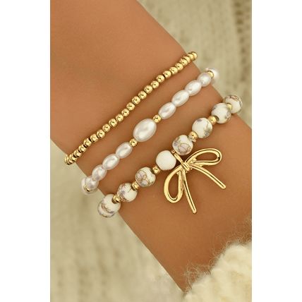 Gold Bow Knot Charm Beaded Triple Layer Bracelet Set