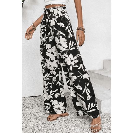 Black Floral Print Smocked High Waist Wide Leg Pants