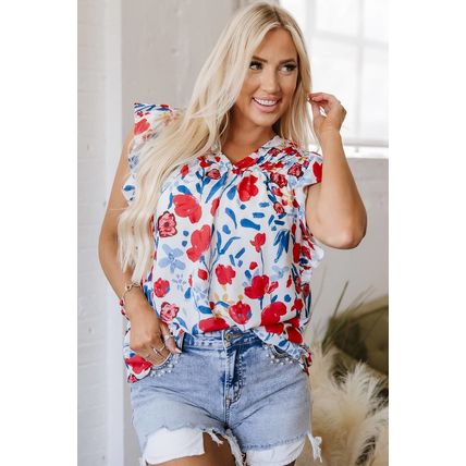 Red Flowers Pintuck Detail V-Neck Ruffled Sleeve Top