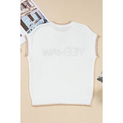 White Knitted YEEHAW Stitch Edge Crew Neck Sweater T Shirt