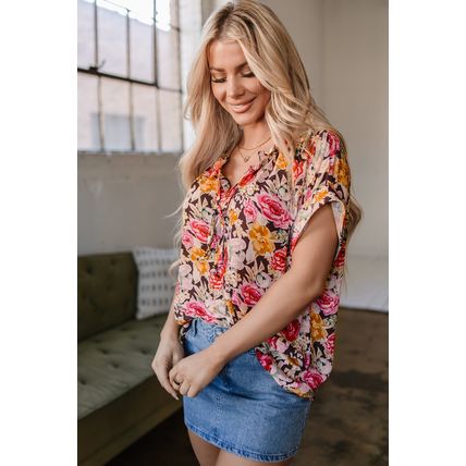 Pink Floral Print Crew Neck Short Sleeve Shift Blouse