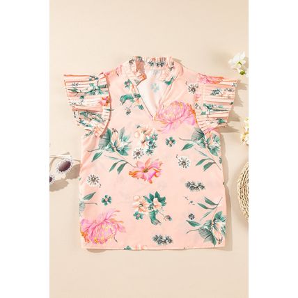 Pink Floral Print Frilled V Neck Pleated Sleeve Blouse