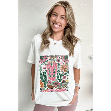 White Western Boot Flower Print Crew Neck Loose Tee