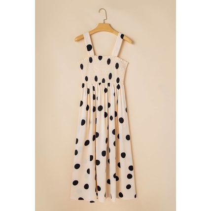 Oatmeal Polka Dot Smocked Fit Flared Sleeveless Long Dress