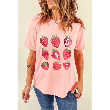 Pink Strawberry Fruit Pattern Graphic Tee