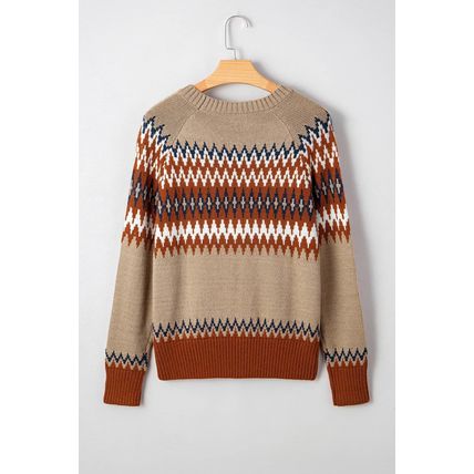 Khaki Aztec Print Colorblock Crew Neck Sweater