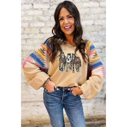 Light French Beige Sequined Western Horses Graphic Aztec Bubble Sleeve Western F