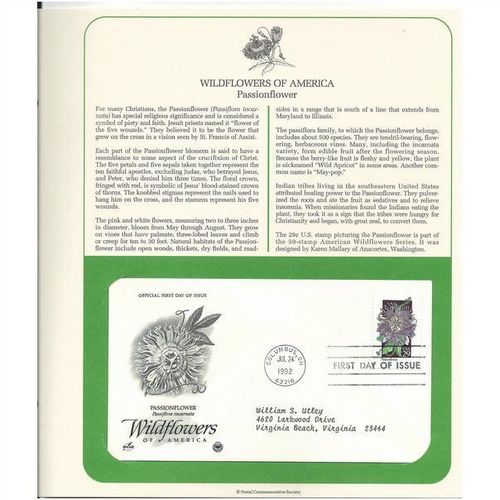 WILDFLOWERS OF AMERICA :PASSIONFLOWER 'OFFICIAL FIRST DAY of ISSUE ' (1992)