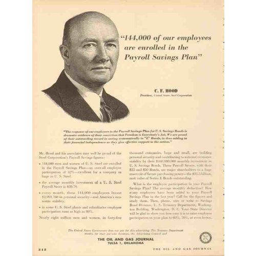 united states steel 1953 president cf hood payroll savings vintage ad