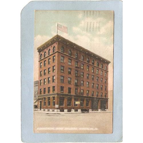 IA Waterloo Postcard Commercial Bank Building Street Scene Intersection w/~181