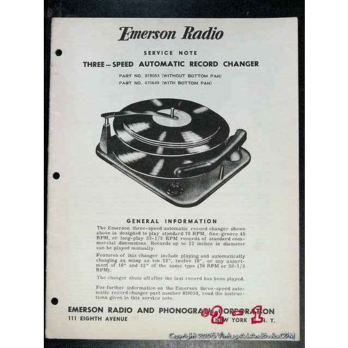 EMERSON 1950 3 Speed automatic record changer Service Note