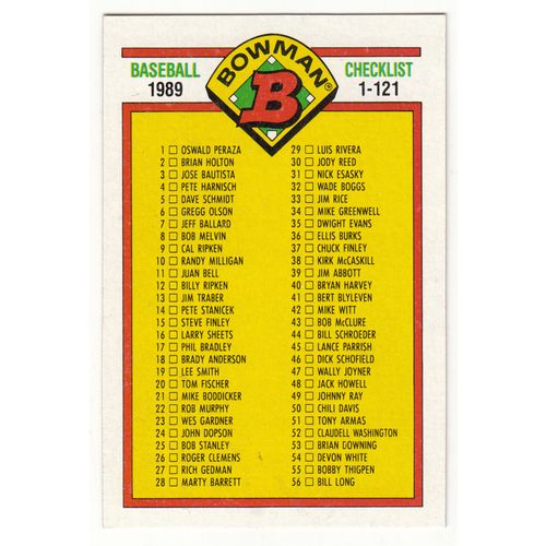 1989 Bowman Baseball Checklist unmarked card #481