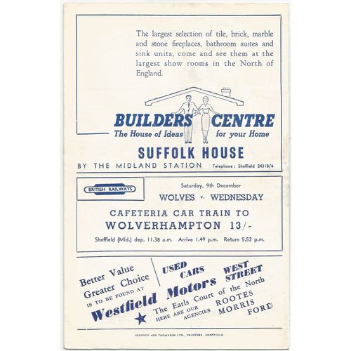1961-62 SHEFFIELD WEDNESDAY v NOTTINGHAM FOREST (Good - No Writing)