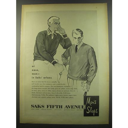 1955 Saks Fifth Avenue Fashion Ad - At ease, men in Saks orlons