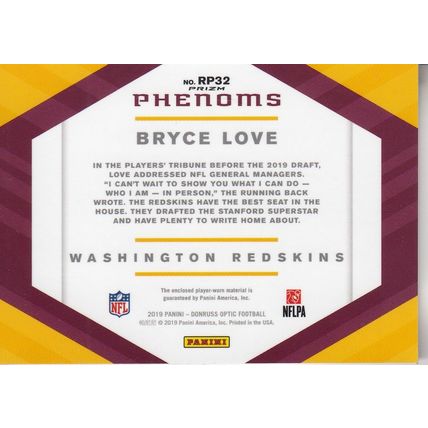 BRYCE LOVE GAME JERSEY ROOKIE PHENOMS 2019 AUTOGRAPHED WASHINGTON COMMANDERS CRD