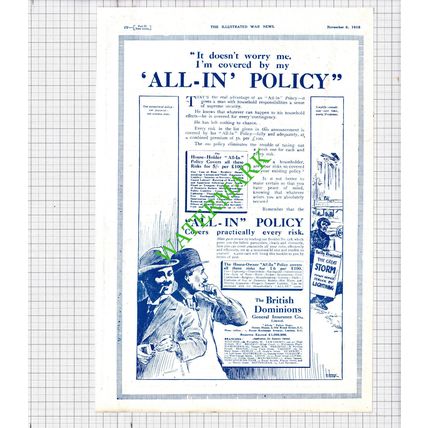 The British Dominions General Insurance Co Advert Great War - 1916 Cutting