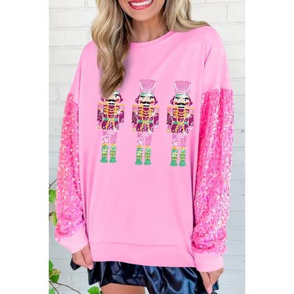 Pink Christmas Nutcracker Graphic Sequin Sleeve Sweatshirt