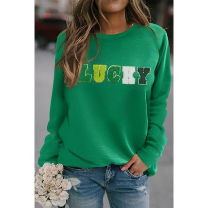 Green St Patricks LUCKY Chenille Embroidered Graphic Sweatshirt