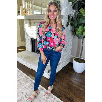 Pink Floral V Neck Roll Tab Sleeve Blouse