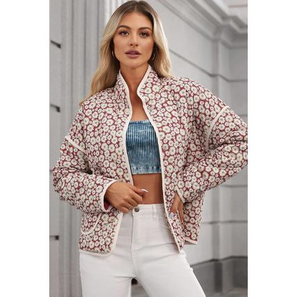 Pink Floral Print Contrast Edge Stand Neck Coat