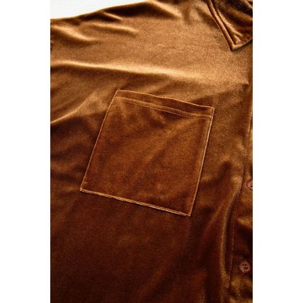 Chestnut Plus Size Velvet Chest Pocket Drop Shoulder Shirt