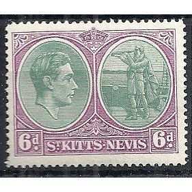 St Kitts-Nevis 1944 SG74c 6d Green & Purple Perf 14 Mounted Mint ...