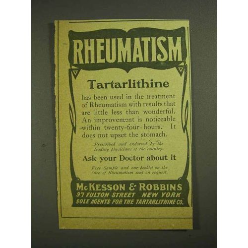 1903 McKesson & Robbins Tartarlithine Ad - Rheumatism