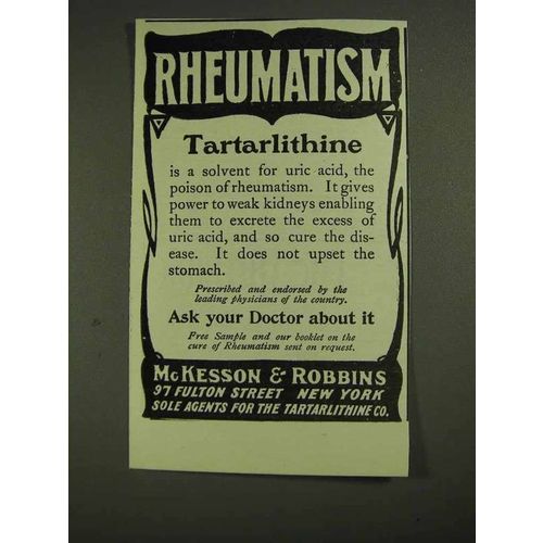 1903 McKesson & Robbins Tartarlithine Ad - Rheumatism